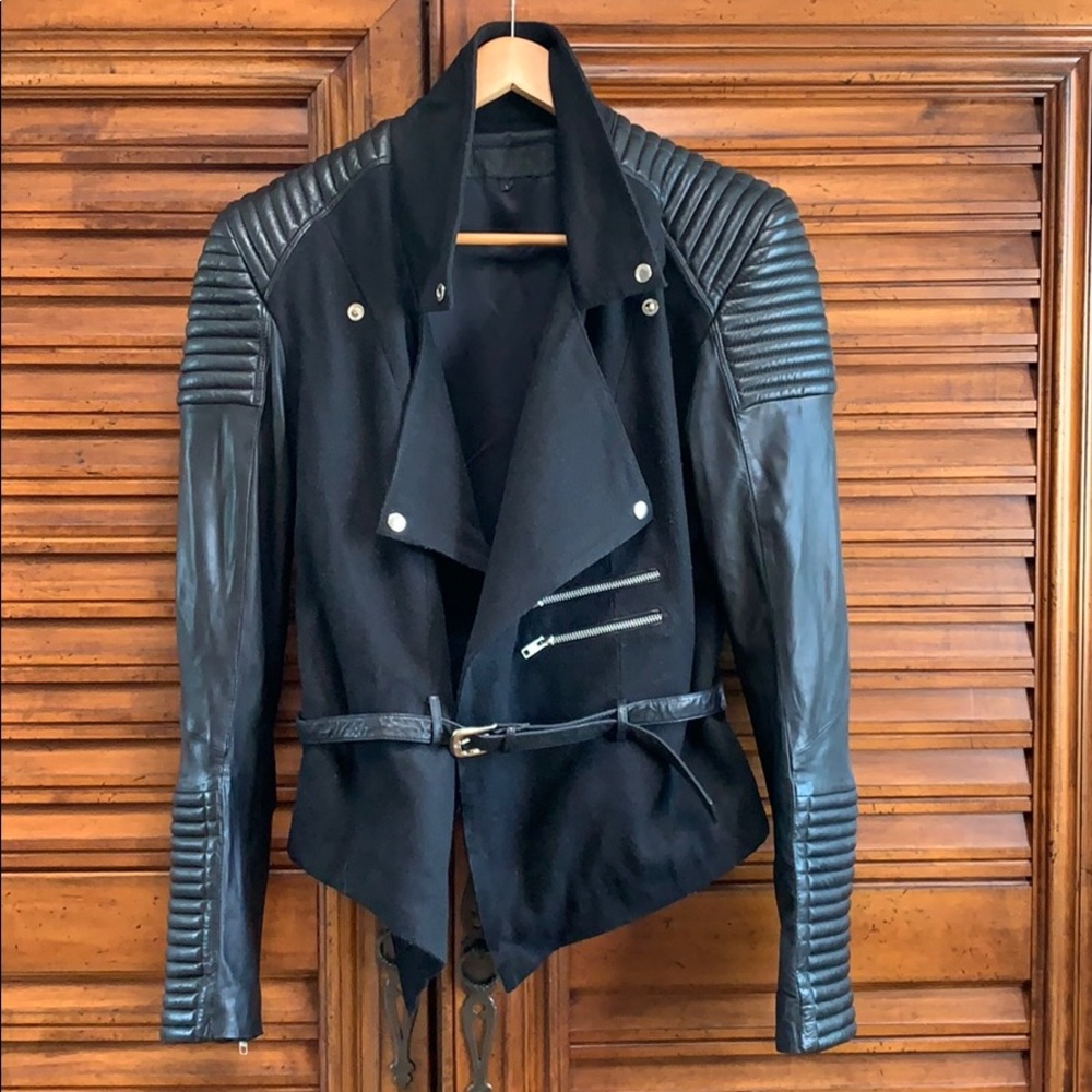 SKINGRAFT LEATHER AND WOOL MOTO JACKET
